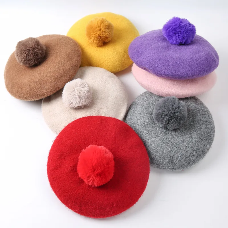 Children Pompoms Beret Hat Solid Color Octagonal Cap Girls Winter Wool Painter Hats For 1-3 Years Kids