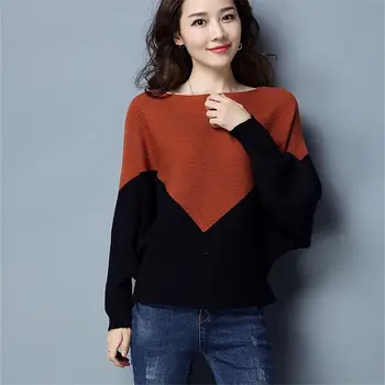 

2019 Female Winter Sweater Loose O-Neck Sweater 2019 Korean Female Patchwork Sweater Batwing Sleeve Knit Top