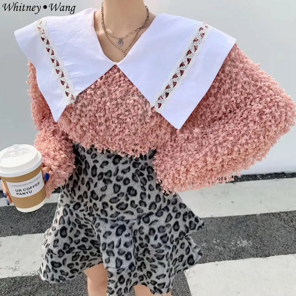 Розовый WHITNEY WANG футболка Весенняя модная уличная одежда корейский стиль большой воротник Питер Пэн футболка с изображением «Shaggy» Женская футболка Женские топы - Цвет: Розовый