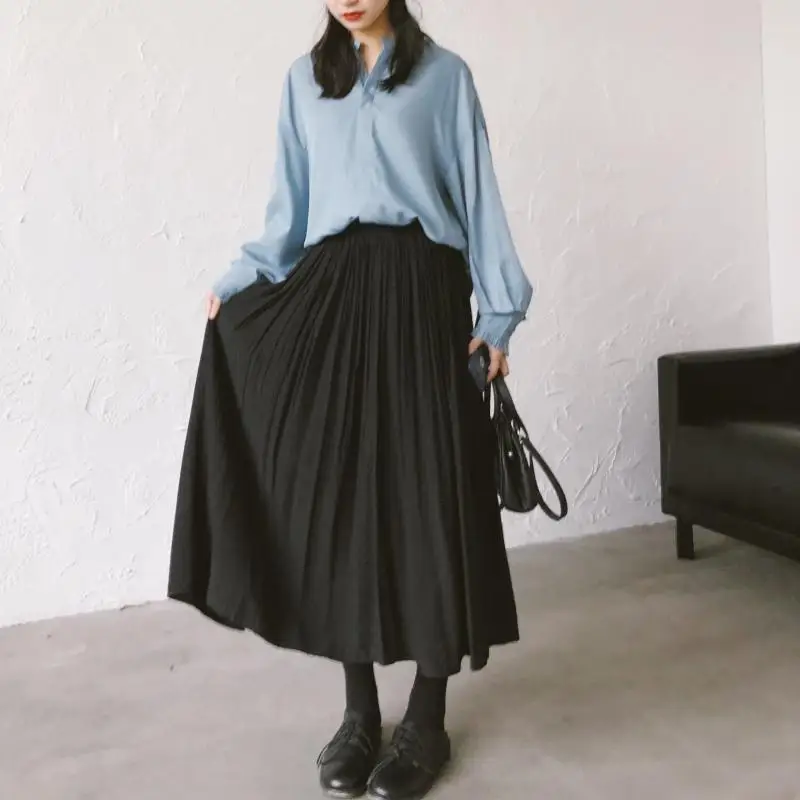

Gentle Fairy-Style Black And White Apricot Elastic Waist Versatile Elegant Spring Chiffon Skirt Pleated Skirt