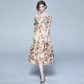 

HAMALIEL High Quality Luxury Summer Midi Dress Fashion Women's Floral Embroidery Mesh Party Dresses Runway O Neck Holiday Dress