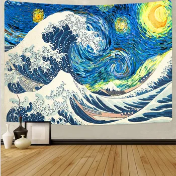 

painting sea wave tapestry tapiz psicodelico Japan tapestry wall cloth abstract sun moon wall carpet