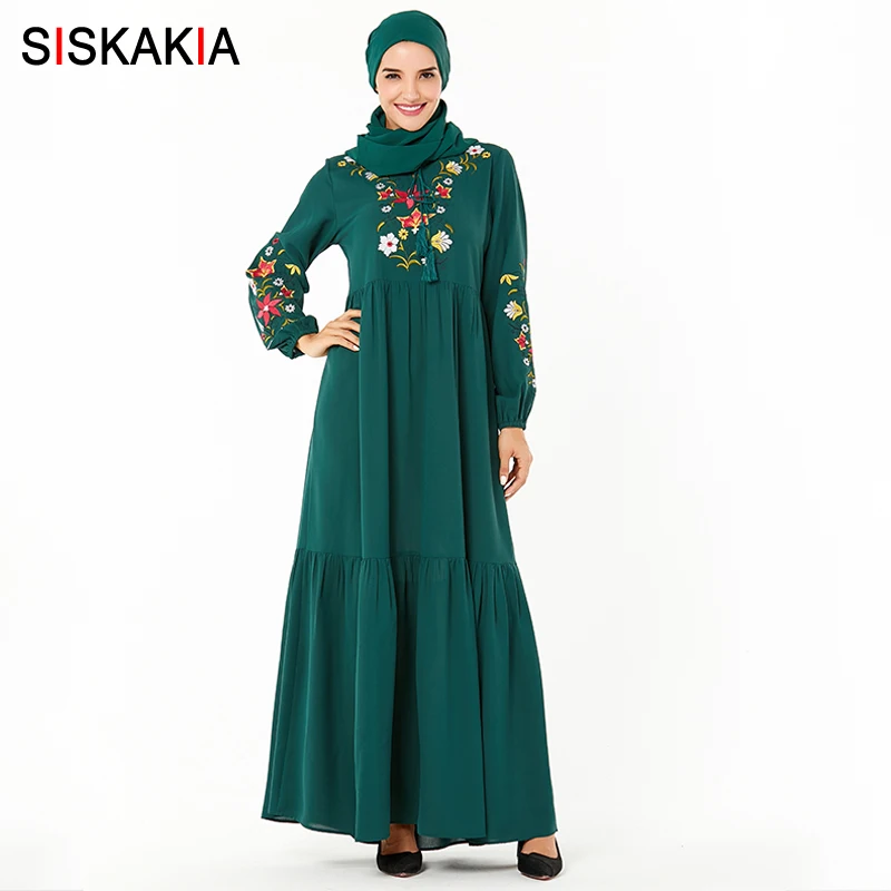 Green dress Siskakia мусульманские платья Повседневное в этническом стиле с цветным рисунком вышитые драпированные качели Макси длинное платье размера плюс осень Аравийский детская одежда синего цвета - Цвет: Green dress