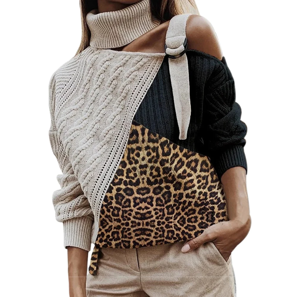 Леопардовый лоскутный свитер с высоким воротом, женский сексуальный леопардовый вязаный свитер с открытыми плечами, пуловер без бретелек с длинным рукавом и рукавом летучая мышь, топы - Цвет: black