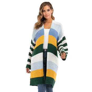 

Women Sweater long cardigan striped colorful long sleeve autumn coat Female sweaters open loose plus size Maglione da donna