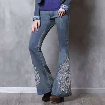 

Women Pants 2019 Boho Floral Embroidery Denning Jeans Vintage Fashion Girl Denim Trousers Flare Pants X2228 Feminino Clothing