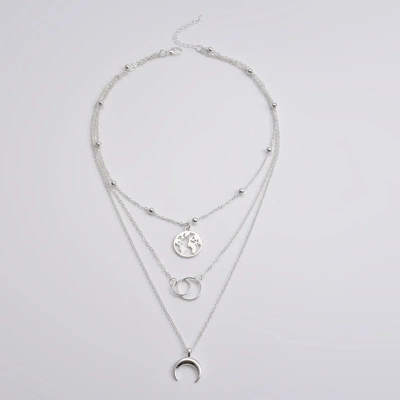 Модные личности Круглый Круг карта Луна многослойное ожерелье кулон Золото