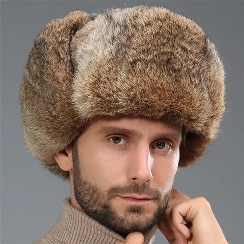 Rabbit Fur Hat Winter Fur Hat Thickened Warmth and Cold-proof Outdoor Cotton Ear Cap Rabbit Fur Cap Earflap Men Snow Caps brown leather bomber hat
