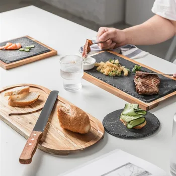 

Novelty Design Solid Wood Snack Disc Wood Tray Black Slate Bread Plate Lovesickness Wooden Plate Western-style Japanese Food