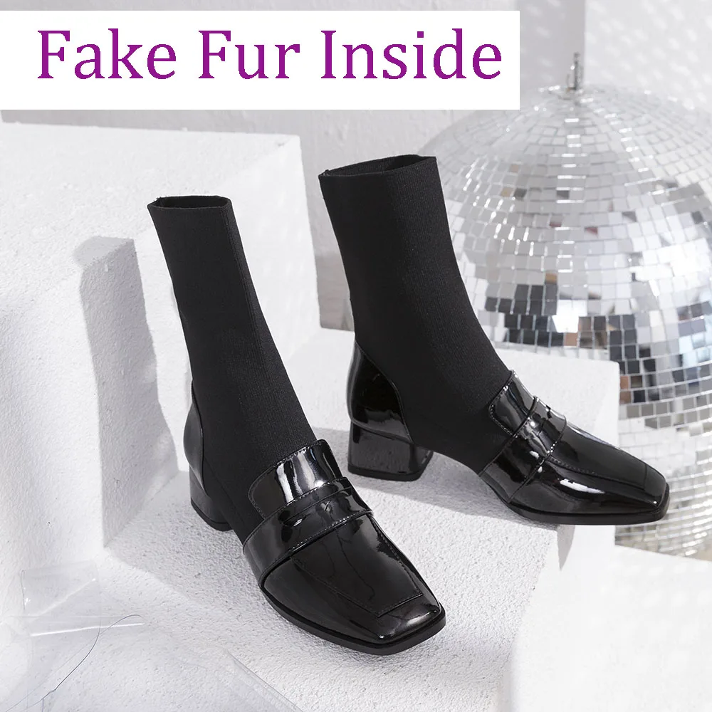 Black Patent fur Женские сапоги-носки; обувь из натуральной кожи; женские вязаные сапоги черного цвета с квадратным носком на среднем каблуке; размеры 34-39 - Цвет: Black Patent fur