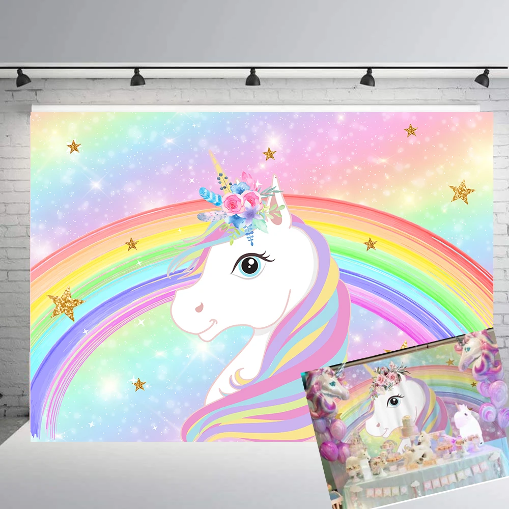 

Unicorn Rainbow Backdrop for Girls Birthday Party Kids Princess Glitter Background Photography Baby Shower Banner Cake table