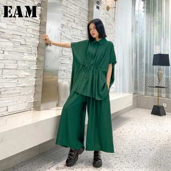 

[EAM] Wide Leg Pants Pleated Two Piece Suit New Lapel Half Sleeve Black Loose Fit Women Fashion Tide Spring Summer 2020 1U200