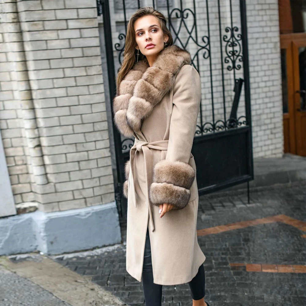 Fashion Green Cashmere Fur Coat Natural Women 2022 New Trendy Whole Skin Genuine Fox Fur Collar Wool Blends Coat Outwear Luxury