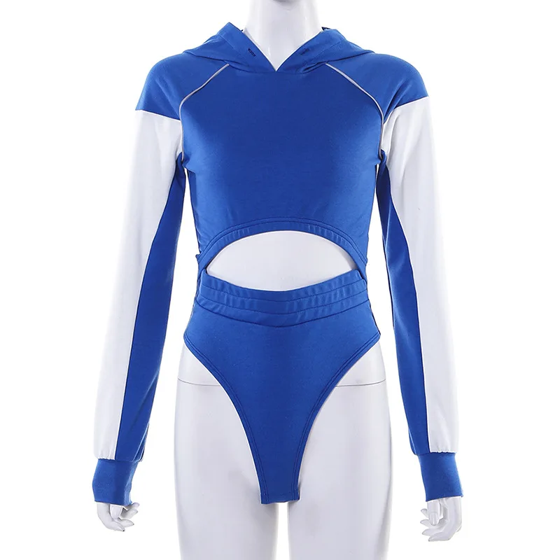 bodysuits Модные контрастные цвета спереди выдалбливают с капюшоном Женская Осенняя Светоотражающая полосатая повседневная одежда высокие комбинезоны с талией - Цвет: bodysuits
