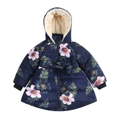Зимнее Брендовое новое пальто для девочек детская одежда хлопковая одежда для девочек и бархатная куртка теплое пальто с цветочным принтом для маленьких девочек - Цвет: Тёмно-синий