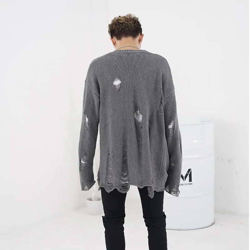 Men Winter Ripped Hole Cardigan Sweater Hip Hop Punk Streetwear Knitwear Male Oversized Warm Wool Loose Sweater Coat X9222