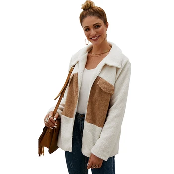 

Autumn Winter Jacket Loose Plush Long Sleeved Wild Casual Jacket Velvet Color Stitching Zipper Lapel Warm Coat Hot