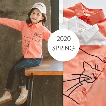 

Kids Girls Cotton Shirts Cute Long Sleeves White Blouse Shirt Cartoon Cat Blouse for Girls 8 10 12 Years Top Clothes Spring 2020