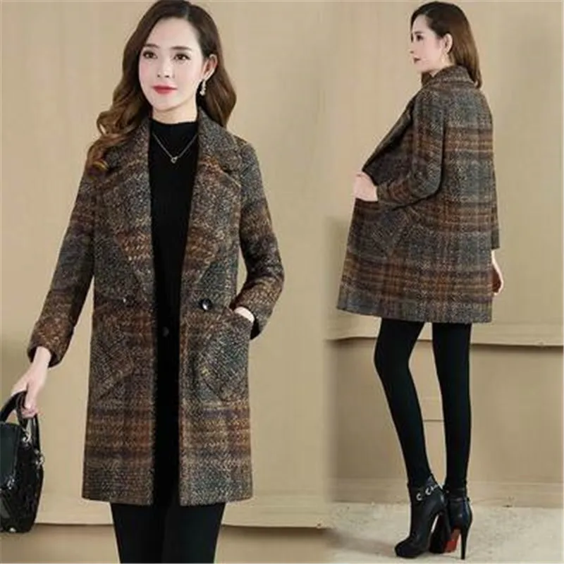 Женское клетчатое шерстяное пальто размера плюс, весенне-осеннее корейское тонкое шерстяное пальто, зимнее Модное теплое базовое пальто большого размера AS1334
