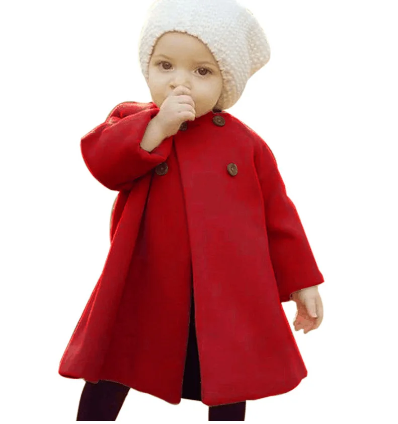 Bunvel/зимняя детская одежда для девочек однотонная детская накидка с длинными рукавами для малышей куртка на пуговицах теплое пальто для маленьких девочек - Цвет: Красный