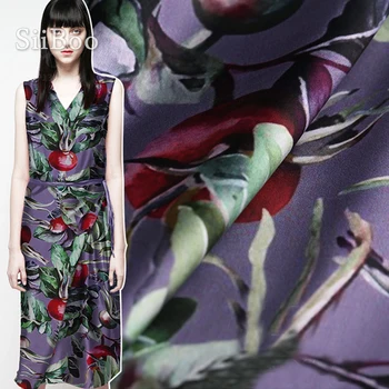 

American style purple with plant print spandex silk satin fabric for dress 19mm silk stoffens cloth tela tecido tissue SP4473