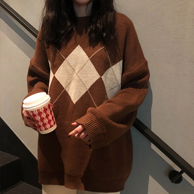Coffee Винтажный вязаный свитер с принтом Аргайл, женский свободный пуловер с длинным рукавом, джемпер, женский осенний зимний Повседневный свитер в консервативном стиле - Color: Coffee