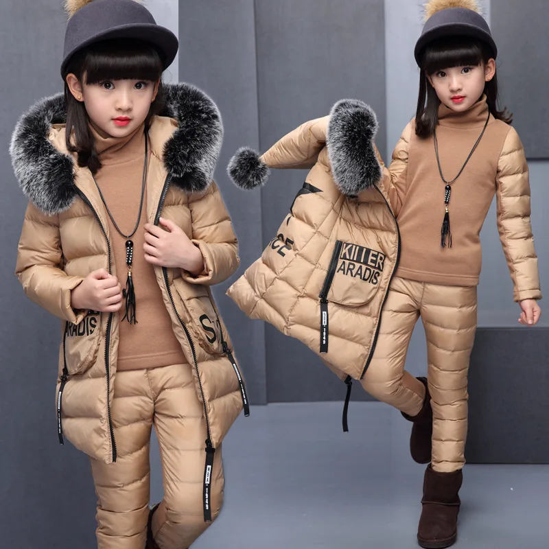 Комплекты теплой зимней одежды для девочек теплая куртка с капюшоном из искусственного меха+ свитер с рукавами в стиле пэчворк+ штаны комплект из 3 предметов, детская одежда для девочек От 5 до 13 лет