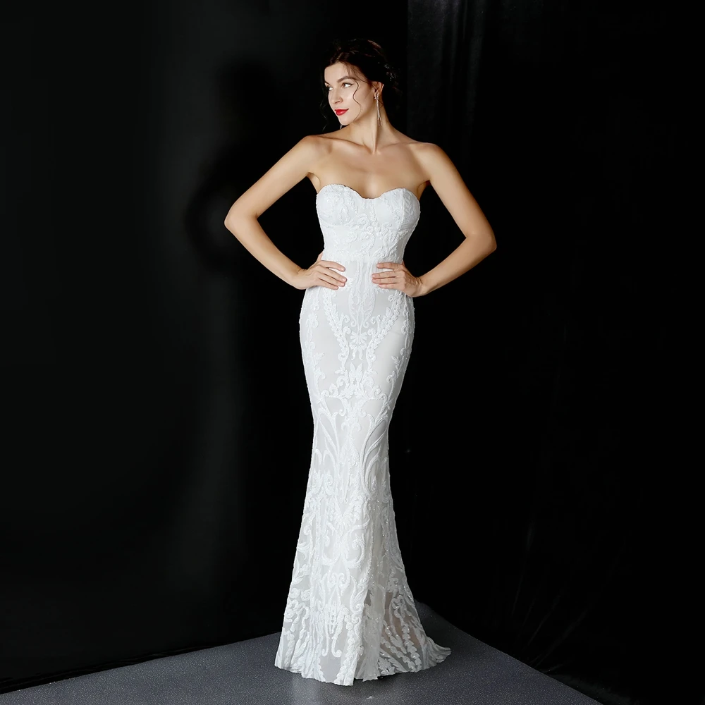 Sexy Bra Off Shoulder White Sequin Evening Dress Formal Party