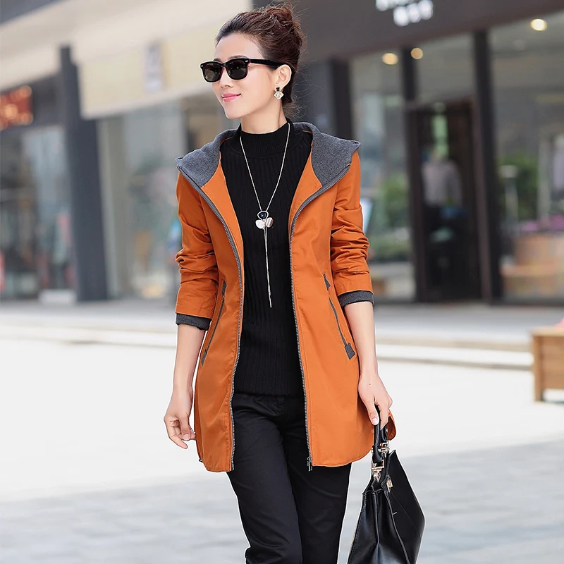 FTLZZ Women Trench Coat Slim Fashion Plus Size 4xl Medium-long Windbreaker Patchwork OL Hooded Outwear