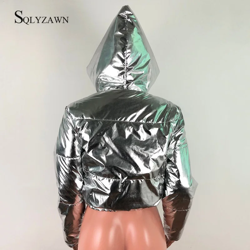 Female Warm Winter PU Leather Silver Hoodie Cropped Parka Streetwear Bubble Puffer Jacket with Hat Womens Thick Coat Outerwear
