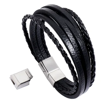 

NIUYITID Multi-layer Leather Bracelet Stainless Steel Magnetic Clasp 20.5/22.5cm Classic Gift For Men