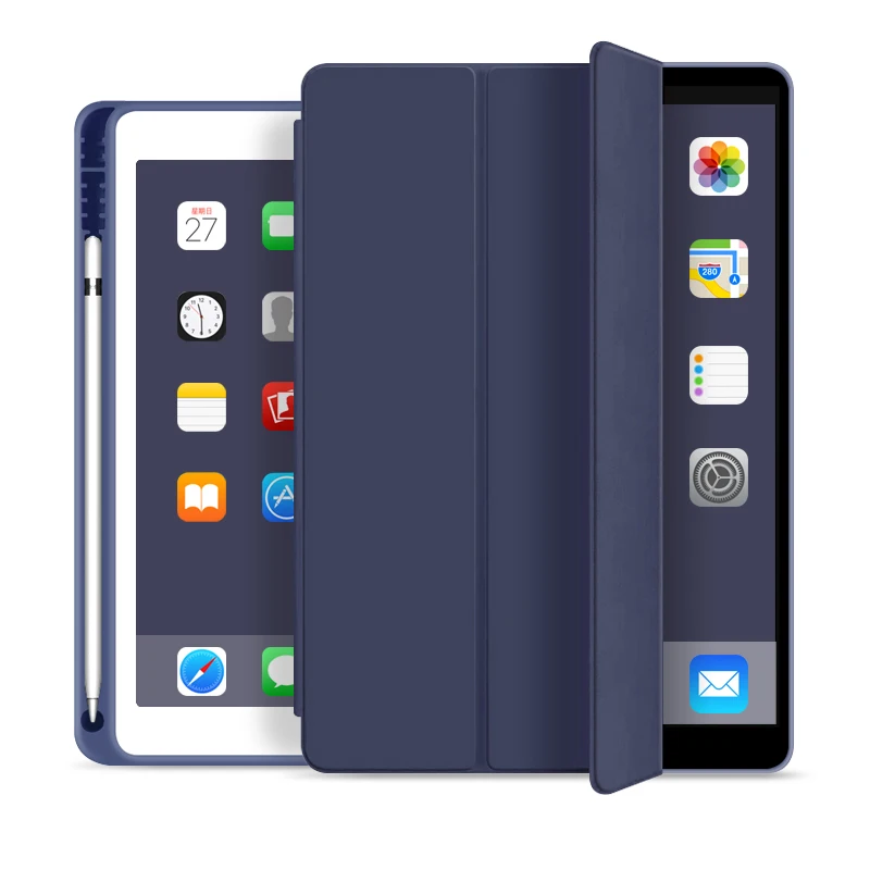 Для нового iPad Air 3 10,5 дюймов чехол с держателем для карандашей, ZVRUA тонкий трехскладной PU кожаный смарт-чехол просыпается - Цвет: Navy