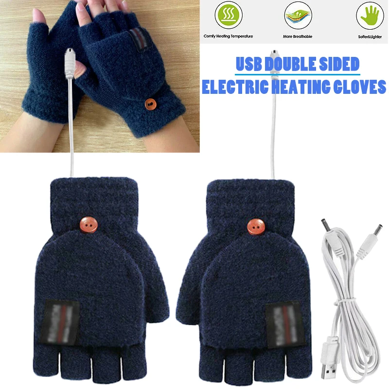

1pc 5V Dark Blue Heated Gloves USB Rechargeable Winter Knitted Electric Heated Mitten Gloves Half/Full Finger Warmer For Unisex