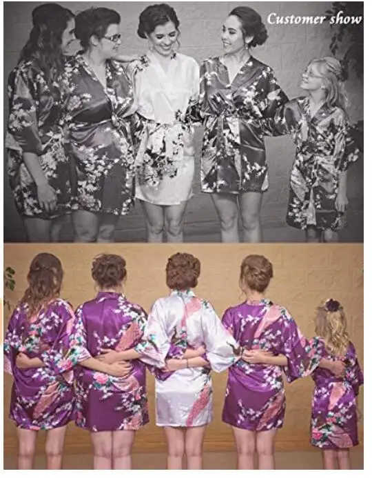 Female Printed Floral Kimono Dress Gown Chinese Style Silk Satin Nightgown S M L XL XXL