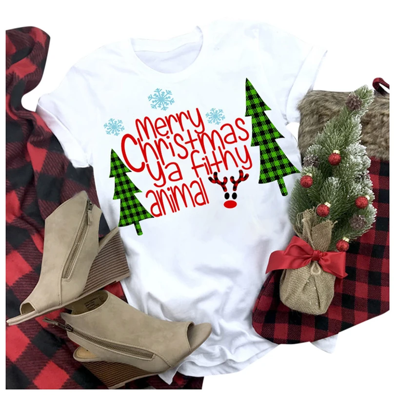 

Christmas tshirt Women Merry Christmas Ya Filthy Animal Deer Print Shirts Short Sleeve T-Shirt Tunic Santa Gift Girls Tee Top A5