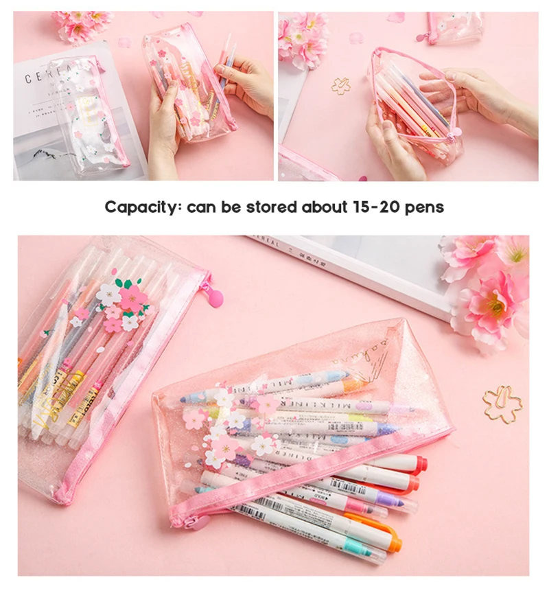 Прозрачный чехол-карандаш Sakura, розовый простой милый чехол-карандаш, школьные принадлежности, канцелярские принадлежности, сумка для хранения, ПВХ детские карандашные чехлы