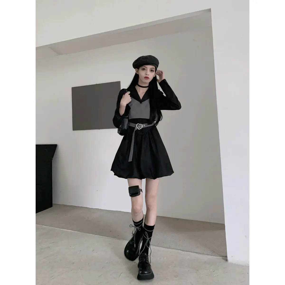 Long Sleeve Dress Women Notched Mini Elegant Korean Style All Match Autumn Popular Vintage Leisure Girlish Street Wear College formal dresses