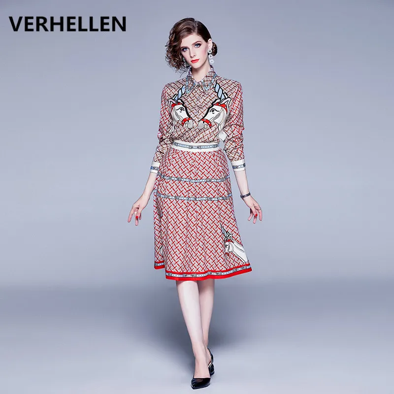 

VERHELLEN High Quality Fashion Runway Suit Sets 2019 Autumn Women's Long Sleeve Celebrity Blouse Tops + Skirts Two Piece Set