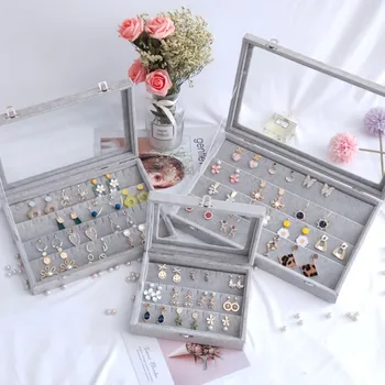 

Velvet Rings Ear Rings Storage Box with Transparent Lid Earring Tray Necklaces Organizer Stand Holder Jewelry Display Case