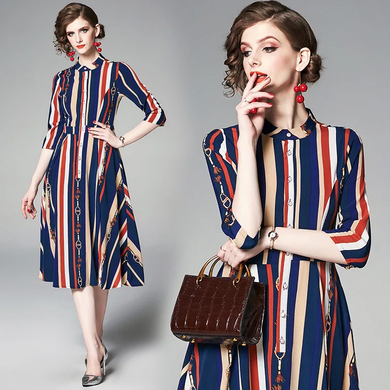 

Photo Shoot Ozhouzhan 2019 Spring And Summer New Style Mid-length Waist Hugging Slimming A- line Skirt Floral Printed Dress