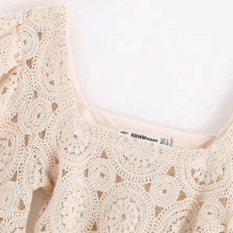  new women sexy hollow out embroidery lace short blouse lantern sleeve court shirt female retro squa