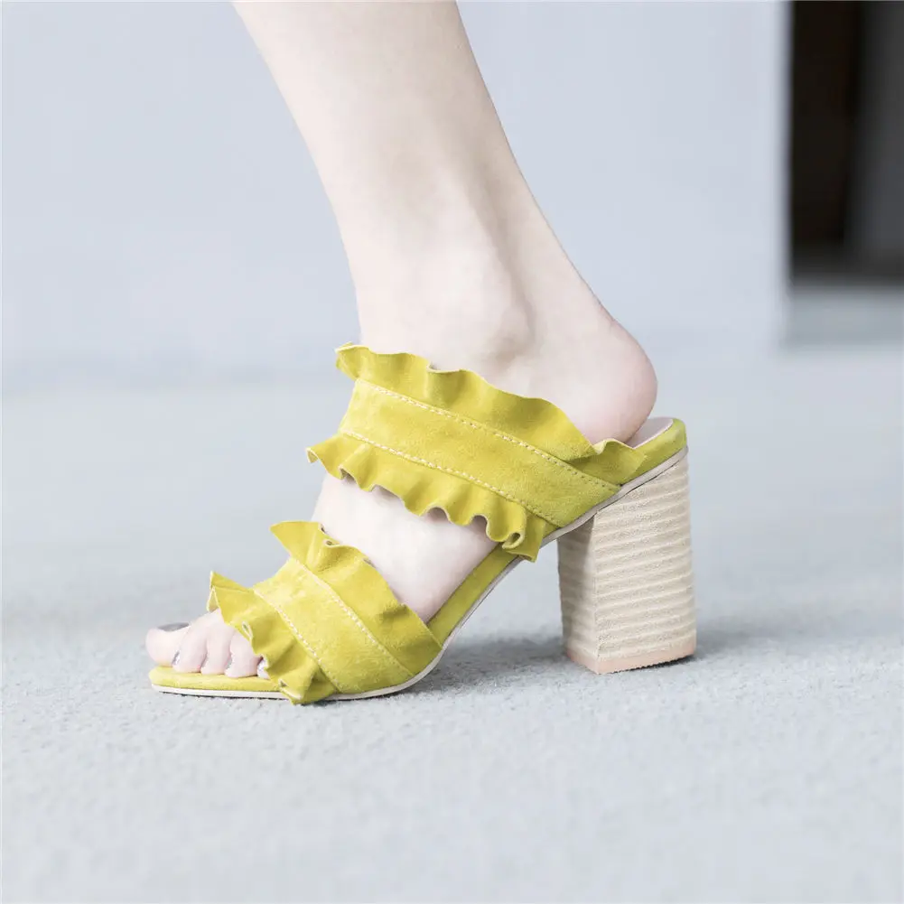 

SARAIRIS 2019 Fashion Brand Ruffles Big Size Party Mules Summer Woman Shoes Kid Suede Leather High Heels Shoes Women Sandals