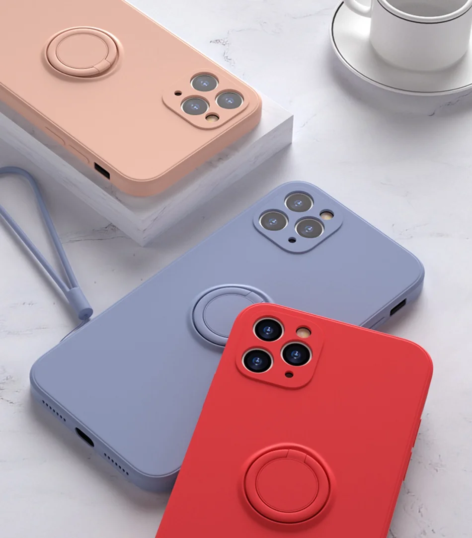 Ring Phone Case For iPhone 11 Pro XS Max XR X XS 7 8 Plus SE 2 2020 Cases Magnetic Liquid Silicone Car Holder Stand Cover Strap