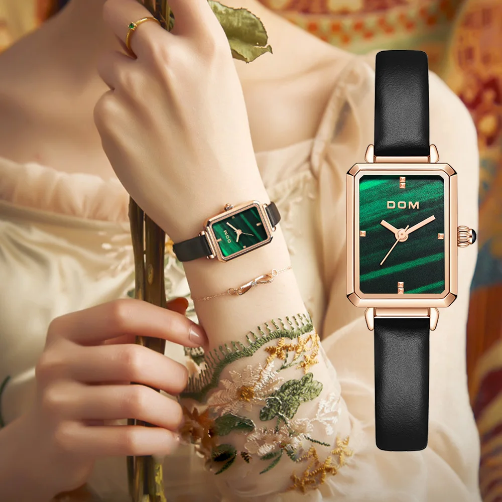 DOM Ladies Watch Small Green Disk Fashion Luxury Trend Casual Waterproof Swimming Leather Women's Watch G-1337