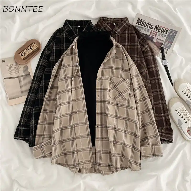 Women Shirt Plaid Oversize 3XL Turn-down Collar Leisure Fashion Loose All-match Womens Long Sleeves Soft Chic Korean Style Tops