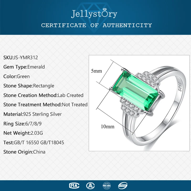 Jellystory Модное Элегантное 925 пробы Серебряное женское кольцо прямоугольник изумрудно-зеленый драгоценный камень кольца для свадебной вечеринки хорошее ювелирное изделие