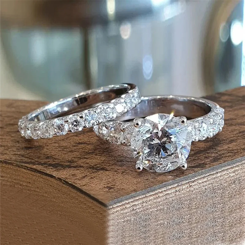 【TATIANA】(Silver925) Vela Halo Ring 韓国発 指輪 Huitan Luxury Women Wedding Set Jewelry 2Pcs Silver Color