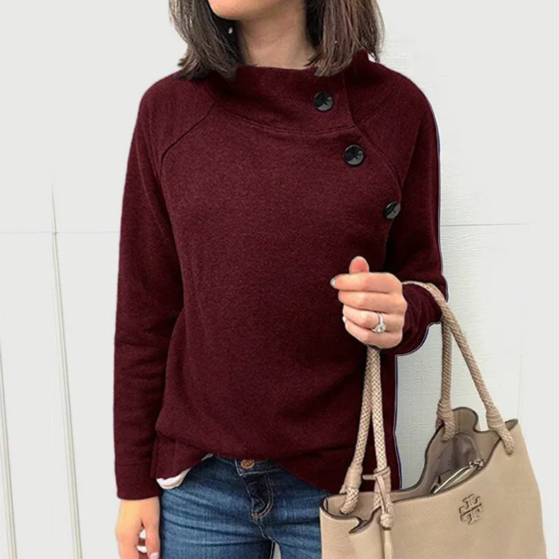 Wine Red Elsvios повседневные женские толстовки с круглым вырезом осенние толстовки с длинными рукавами зимние теплые пуловеры на пуговицах Harajuku топы уличная одежда - Цвет: Wine Red