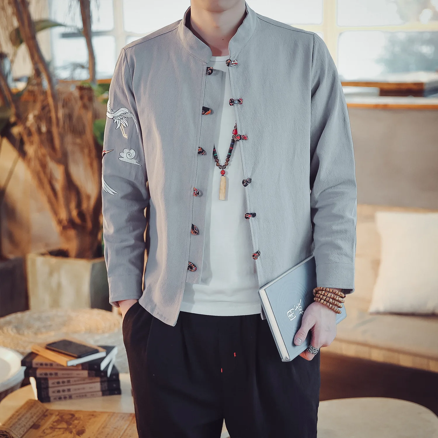 

2018 Spring And Autumn Chinese-style Flax MEN'S Long-sleeved Shirt Cotton Linen Frog Embroidery Flower Retro Chinese Costume Car