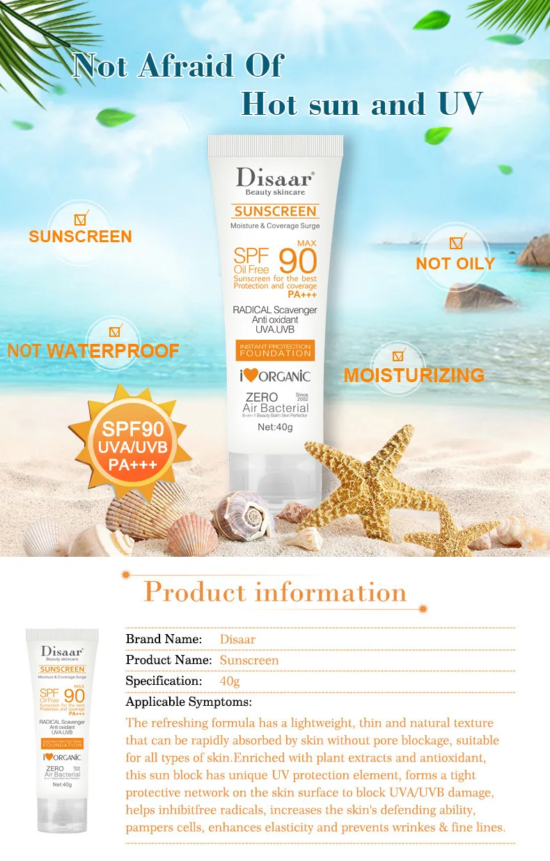 Disaar Sunscreen Lightweight Waterproof Against Sun Protection Long Lasting Block UV Rays Reduce Radiation Prevent Skin Aging